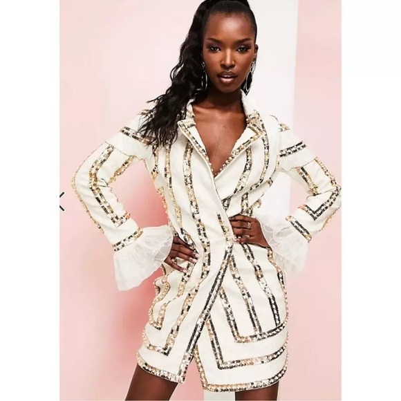 ASOS LUXE Stripe Embellished Tux Mini Dress White Gold US 8 B2722 - Picture 3 of 6